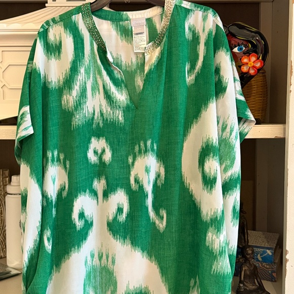 Chico's S/M green white Ikat embellished poncho style tunic Small Medium - Picture 5 of 7
